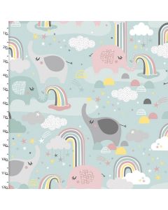 Cotton Craft Fabric 110cm wide x 1m Small & Mighty Flannel Collection-Elephants & Rainbows Sewing Online 17155-LT TURQ