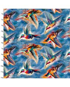 Cotton Craft Fabric 110cm wide x 1m Hummingbird Bouquet Collection-Fanciful Flyers Sewing Online 22960-BLU
