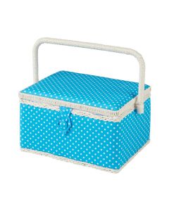 Sewing Online Medium Sewing Box, Aqua Blue Polka Dot Fabric | 26 x 19 x 15cm | Storage and Organiser Basket with Compartments for Sewing Supplies, Accessories, Thread, Needles, and Scissors - FM-004