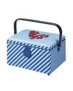 Medium Sewing Box Blue Fabric with an Embroidered Button Heart Lid | 26 x 18 x 15cm | Storage and Organiser Basket with Compartments for Sewing Supplies, Accessories, Thread, Needles, Scissors Sewing Online GA1112M