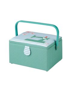 Medium Sewing Box Green Fabric with a Sewing Machine Aplique Lid | 26x18x15cm | Storage and Organiser Basket with Compartments for Sewing Supplies, Accessories, Thread, Needles and Scissors Sewing Online GA1119M