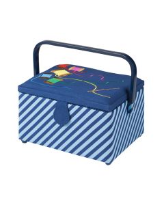 Medium Sewing Box Blue Fabric with an Embroidered Sewing Thread Lid | 26x18x15cm | Storage and Organiser Basket with Compartments for Sewing Supplies, Accessories, Thread, Needles, Scissors Sewing Online GA1120M