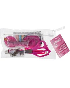 Sewing Kit In Clear Pencil Case in Pink