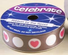 Celebrate RA21115/182 Hot Pink/Brown/White Circle Heart Ribbon, 3.5m x 15mm Celebrate Ribbon RA21115-182