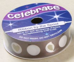 Celebrate RA21115/61 Cream & Brown On White Circle Heart Ribbon, 3.5m x 15mm Celebrate Ribbon RA21115-61