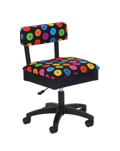 Hydraulic Sewing Chair with Underseat Storage Black/Multicolour Buttons Design & Black Wooden Base - Lumbar Support, Lift Mechanism, 5 Star 360deg Swivel Base on Casters. Sewing Room/Home Office Sewing Online HT2013
