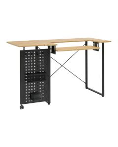 Sewing Table with Fold-out Storage Panel Wood/Black Legs, Sewing Machine Table with Adjustable Platform, Drop Leaf Extension, Storage Hooks and Baskets, For Quilting and Craft Sewing Online 13395