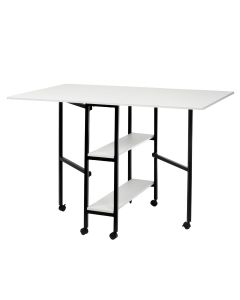 Quilting/Fabric Cutting Table White Top with Black Legs and Wheels, Folding Craft Table with 2 Drop Leaves and 2 Storage Shelves, Extra Workspace for Sewing and Hobby Projects Sewing Online WC1012