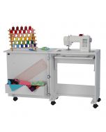 Compact White Sewing Machine Cabinet with Lift Mechanism