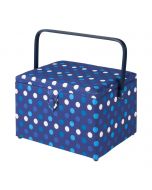 Large Sewing Box with Compartments in a Navy Spot Fabric. 23.5x31x20.5cm