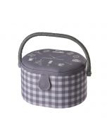 Medium Oval Sewing Box with Compartments in a Sewing O'Clock Check Fabric. 20x24.5x15cm