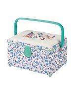 Sewing Online Medium Sewing Box, Blue Floral Fabric with a Sewing Notions Aplique Lid | 26 x 18 x 15cm | Storage and Organiser Basket with Compartments for Sewing Supplies, Accessories, Thread, Needles, and Scissors - GA1116M