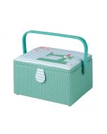 Sewing Online Medium Sewing Box, Green Fabric with a Sewing Machine Aplique Lid | 26 x 18 x 15cm | Storage and Organiser Basket with Compartments for Sewing Supplies, Accessories, Thread, Needles, and Scissors - GA1119M
