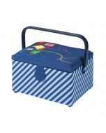 Medium Sewing Box with Compartments in a Striped Blue Fabric with a Rainbow Embroidered Sewing Thread Lid. 18.5x26x15cm