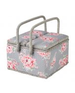 Sewing Online Extra Large Twin Lid Sewing Box, Grey and Pink Floral Print Fabric | 25 x 25 x 17cm | Storage and Organiser Basket with Compartments for Sewing Supplies, Accessories, Thread, Needles, and Scissors - MRLTLE-190