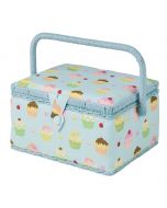 Sewing Online Medium Sewing Box, Blue Cupcakes Print Fabric | 26 x 18 x 15cm | Storage and Organiser Basket with Compartments for Sewing Supplies, Accessories, Thread, Needles, and Scissors - MRM-18