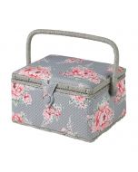 Sewing Online Medium Sewing Box, Grey and Pink Floral Print Fabric | 26 x 18 x 15cm | Storage and Organiser Basket with Compartments for Sewing Supplies, Accessories, Thread, Needles, and Scissors - MRM-190