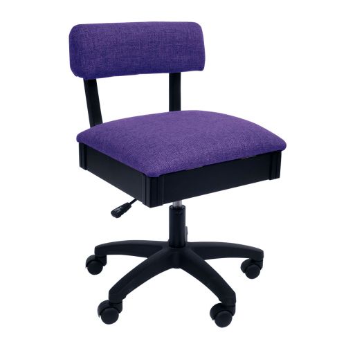 Sewing Online Hydraulic Sewing Chair with Underseat Storage, in Purple Fabric & Black Wooden Base - Lumbar Support & Lift Mechanism with 5 Star, 360 degree, Swivel Base on Casters. For Your Sewing Room / Home Office - HT160