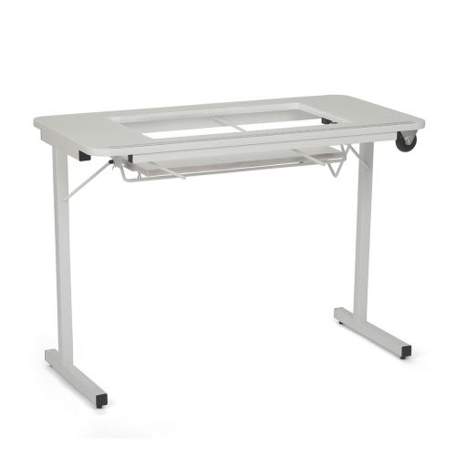 <strong>Gidget Folding Sewing Table</strong> <span>White Top with White Legs, Sewing Machine Table with Adjustable Platform, Folding Legs for Easy Storage/Transport Wheels, Quilting/Craft Table/Gaming/Computer Desk</span> <em>Arrow Cabinets GIDGET2</em>