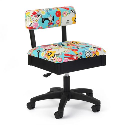 Sewing Online Hydraulic Sewing Chair with Underseat Storage, in Blue and Multicolour Sewing Notions Design & Black Wooden Base - Lumbar Support & Lift Mechanism with 5 Star, 360 degree, Swivel Base on Casters. For Your Sewing Room / Home Office - HT2015