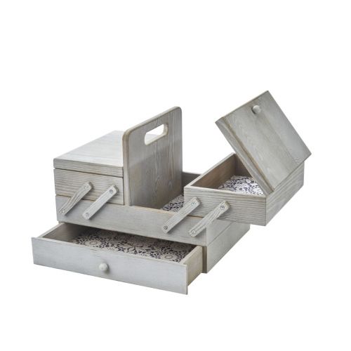 Medium Wooden Cantilever Sewing Box - Grey with Lace inspired Design Interior - Sewing Online