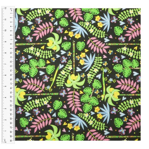 Cotton Craft Fabric 110cm wide x 1m | Sloth Jungle Jungle Plants | 13468-BLACK