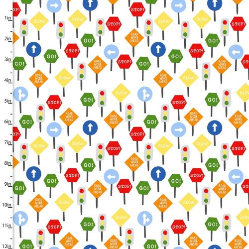 Cotton Craft Fabric 110cm wide x 1m Drivers Wanted Flannel Collection-Traffic Signs