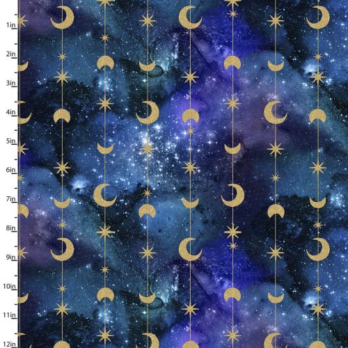 Cotton Craft Fabric 110cm wide x 1m Magical Galaxy Metallic Collection-Stars & Moons