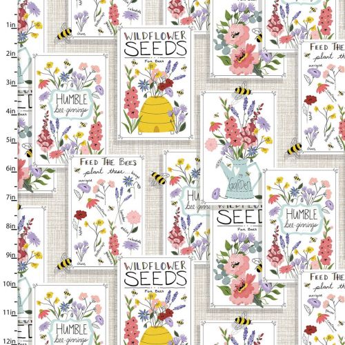 Cotton Craft Fabric 110cm wide x 1m Feed The Bees Collection-Wild Flower Seeds