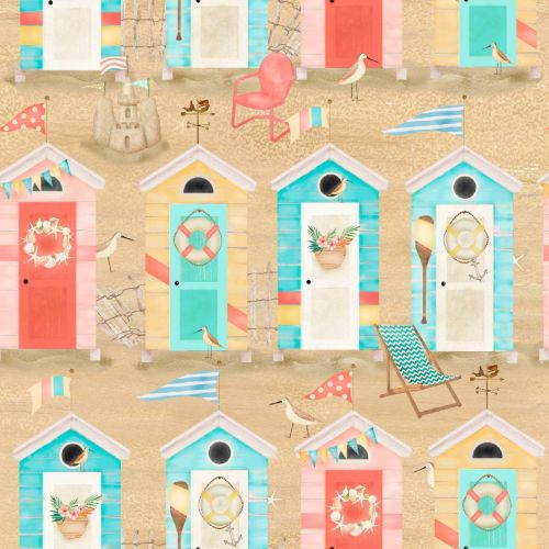 Cotton Craft Fabric 110cm wide x 1m Beach Travel Collection-Beach Huts