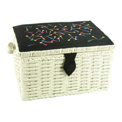 <strong>Medium Sewing Basket</strong> <span>Cream with Black Pins Print Lid | 26 x 19 x 15cm | Storage and Organiser Box with Compartments for Sewing Supplies, Accessories, Thread, Needles and Scissors</span> <em>Sewing Online FM-014</em>