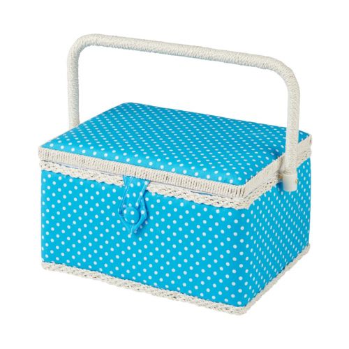 Sewing Online Medium Sewing Box, Aqua Blue Polka Dot Fabric | 26 x 19 x 15cm | Storage and Organiser Basket with Compartments for Sewing Supplies, Accessories, Thread, Needles, and Scissors - FM-004