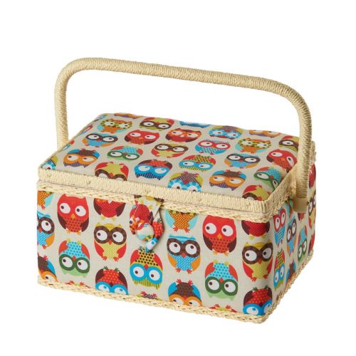 <strong>Medium Sewing Box</strong> <span>Owl Print Fabric | 26 x 19 x 15cm | Storage and Organiser Basket with Compartments for Sewing Supplies, Accessories, Thread, Needles and Scissors</span> <em>Sewing Online FM-011</em>