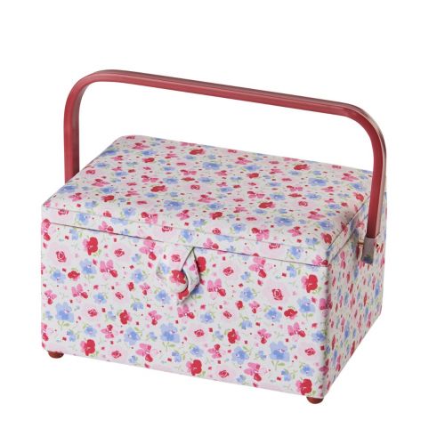 Sewing Online Medium Sewing Box, Pink and Blue Floral Fabric | 26 x 18 x 15cm | Storage and Organiser Basket with Compartments for Sewing Supplies, Accessories, Thread, Needles, and Scissors - GA1121M