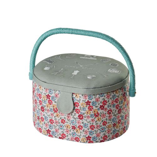 Medium Oval Sewing Box with Compartments in a Sewing O'Clock Floral Fabric. 20x24.5x15cm