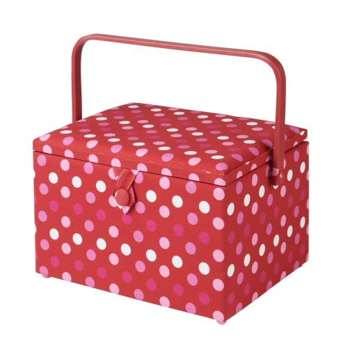 Sewing Online Large Sewing Box, Red Spot Fabric | 31 x 23 x 20cm | Storage and Organiser Basket with Compartments for Sewing Supplies, Accessories, Thread, Needles, and Scissors - GA1126L