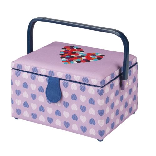 Medium Sewing Box with Compartments in a Purple Heart Pattern Fabric with an Embroidered Button Heart Lid. 18.5x26x15cm