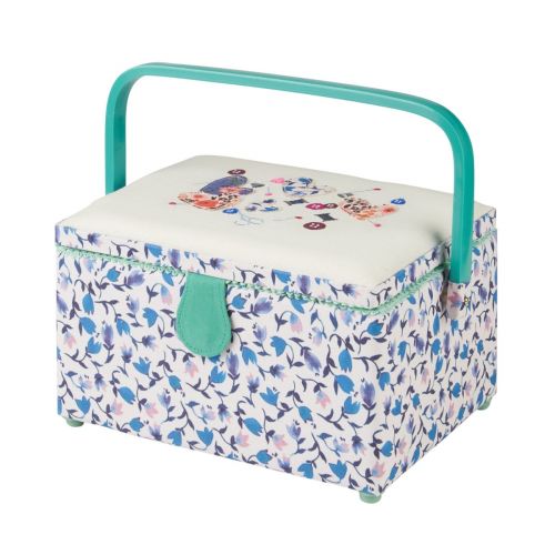 Medium Sewing Box with Compartments in a Blue Floral Fabric with an Appliqu├® Hearts and Embroidered Sewing Notions Lid. 18.5x26x15cm