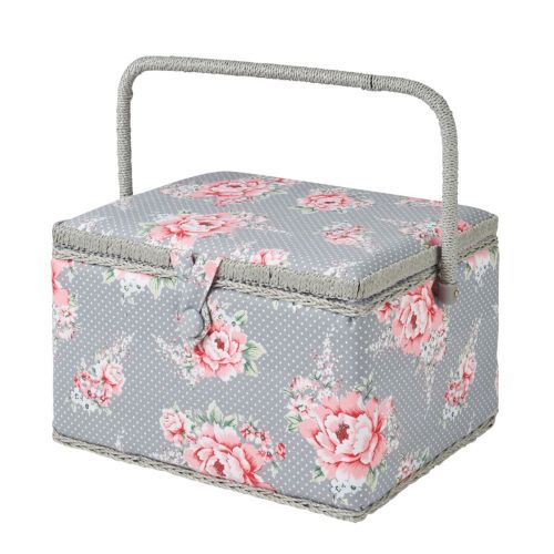 Sewing Online Large Sewing Box, Grey and Pink Floral Print Fabric | 31 x 23 x 20cm | Storage and Organiser Basket with Compartments for Sewing Supplies, Accessories, Thread, Needles, and Scissors - MRL-190