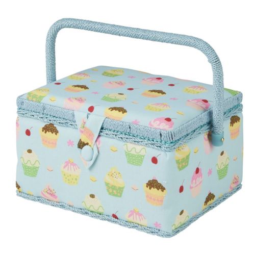 Sewing Online Medium Sewing Box, Blue Cupcakes Print Fabric | 26 x 18 x 15cm | Storage and Organiser Basket with Compartments for Sewing Supplies, Accessories, Thread, Needles, and Scissors - MRM-18