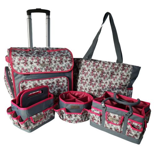 <strong>5-piece Craft/Sewing Storage Bundle in Hot Pink Floral</strong> <span>Includes Sewing Machine Trolley, Collapsible Caddy, Desk Tote, Hexagonal Storage Box, Shoulder Bag for Sewing/Craft Supplies</span> <em>Sewing Online PT950-HOT-PINK-FLORAL</em>