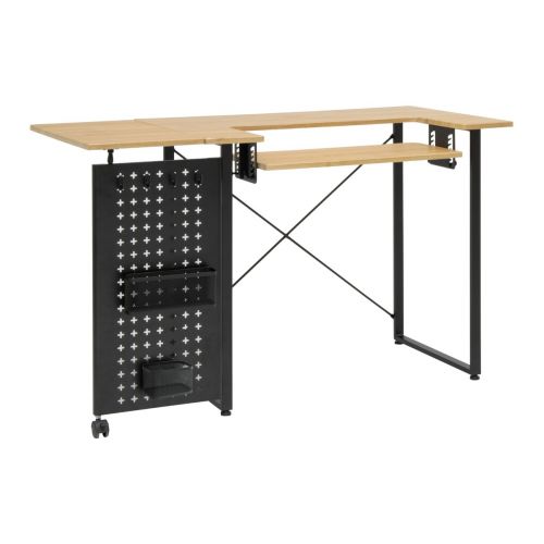 <strong>Sewing Table with Fold-out Storage Panel</strong> <span>Wood/Black Legs, Sewing Machine Table with Adjustable Platform, Drop Leaf Extension, Storage Hooks and Baskets, For Quilting and Craft</span> <em>Sewing Online 13395</em>