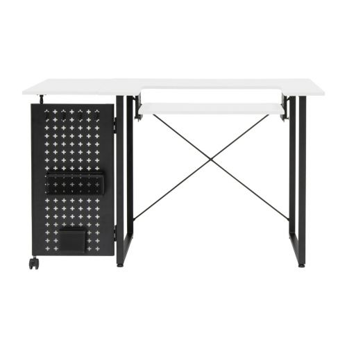 Sewing Online Sewing Table with Fold-out Storage Panel, White/Black Legs - Sewing Machine Table with Adjustable Platform, Drop Leaf Extension, Storage Hooks and Baskets. For Quilting and Craft - 13396
