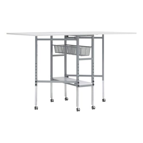 Adjustable Mobile Fabric Cutting Table with Grid and Storage Silver/White 149x91x77-100cm