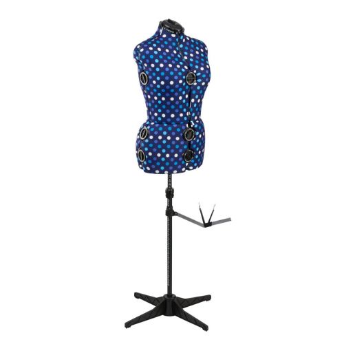 <strong>Adjustable Dressmakers Dummy</strong> <span>in Blue Polka Dot with Hem Marker, Dress Form Sizes 16 to 20, Pin, Measure, Fit and Display your Clothes on this Tailors Dummy</span> <em>Sewing Online SW5918B</em>