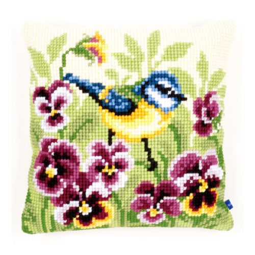 <strong>Cross Stitch Cushion: Blue Tit on Pansies</strong> <em>Vervaco PN-0145430</em>