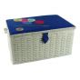<strong>Large Sewing Basket</strong> <span>White with Navy Embroidered Buttons Lid | 32 x 25 x 20cm | Storage and Organiser Box with Compartments for Sewing Supplies, Accessories, Thread, Needles and Scissors</span> <em>Sewing Online FL-012</em>