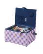 Medium Sewing Box with Compartments in a Purple Heart Pattern Fabric with an Embroidered Button Heart Lid. 18.5x26x15cm