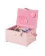 Medium Sewing Box with Compartments in a Pink Gingham Fabric with a Cross Stitch Floral Lid. 18.5x26x15cm