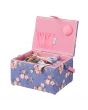 Medium Sewing Box with Compartments in a Purple Floral Fabric with a Dressmaker's Dummy Applique Lid. 18.5x26x15cm